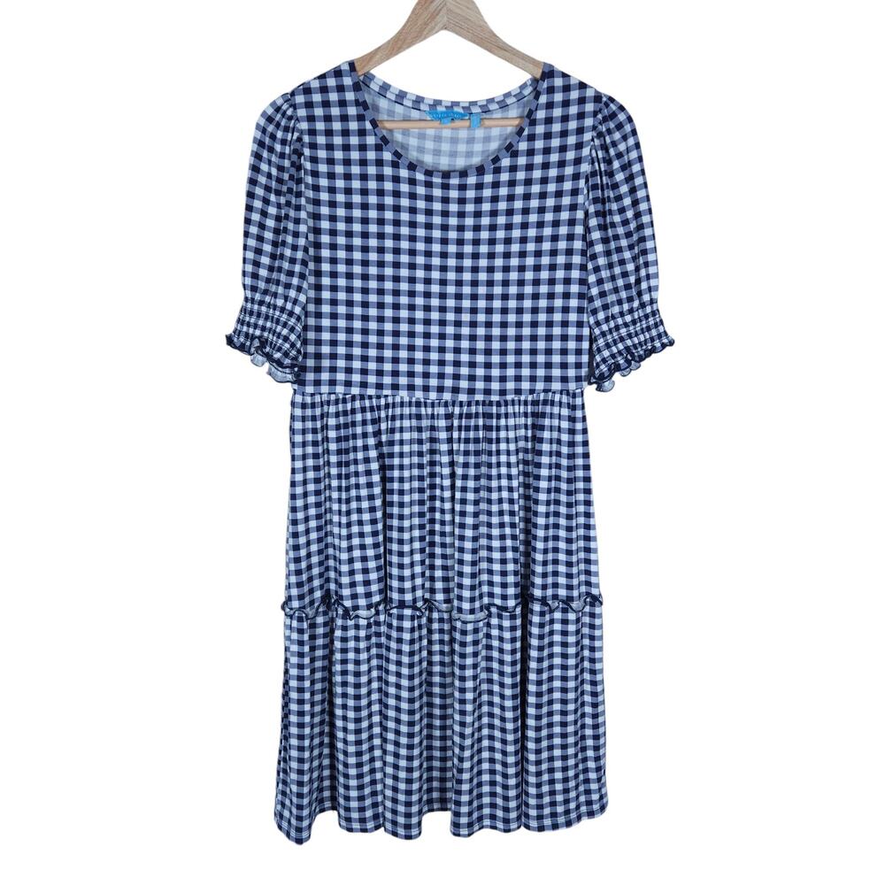 Draper James Lee Ann Dress Small Blue White Gingham Plaid Tiered Puff Sleeve